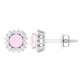 1 CT Classic Rose Quartz and Diamond Halo Stud Earrings