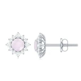 1 CT Classic Rose Quartz Stud Earrings with Diamond Halo