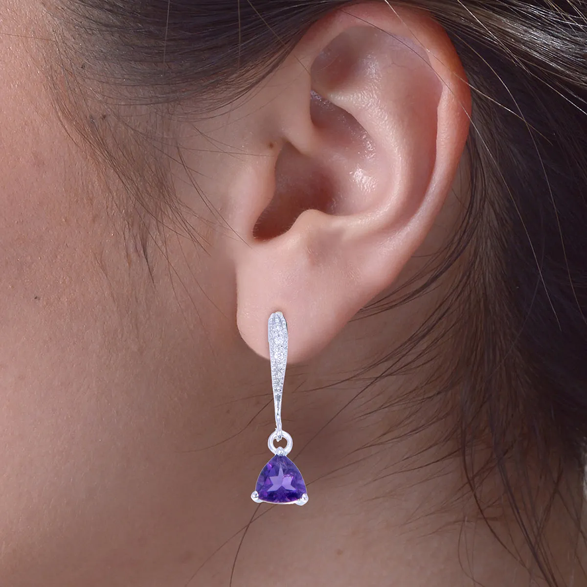 1 cttw Amethyst Earrings in .925 Sterling Silver with Rhodium Triangle Shape