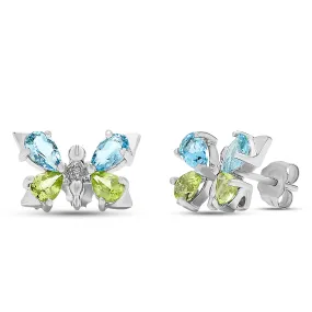 10k White Gold Genuine BlueTopaz and Peridot Gemstone Diamond Butterfly Birthstone Earrings