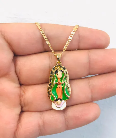 14K Gold Filled Guadalupe Necklace 16", Kids Version Virgen de Guadalupe Pendant