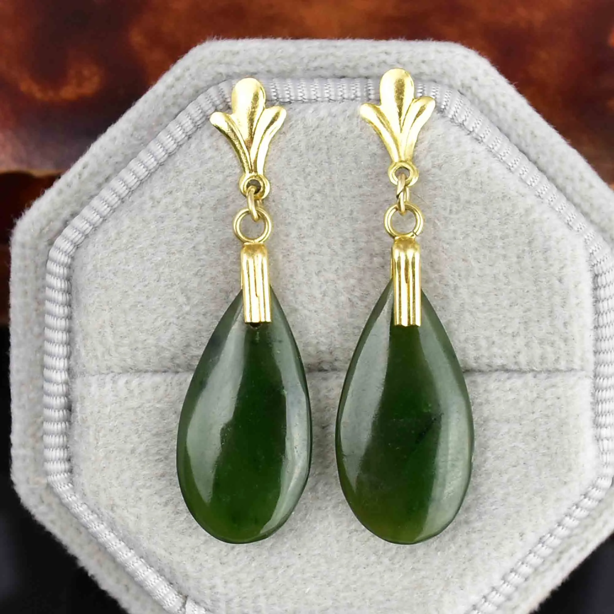 14K Gold Fluer de Lis Jade Teardrop Earrings