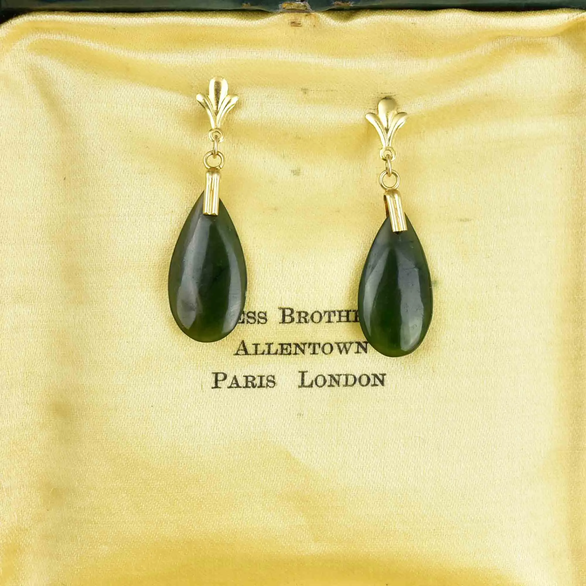 14K Gold Fluer de Lis Jade Teardrop Earrings