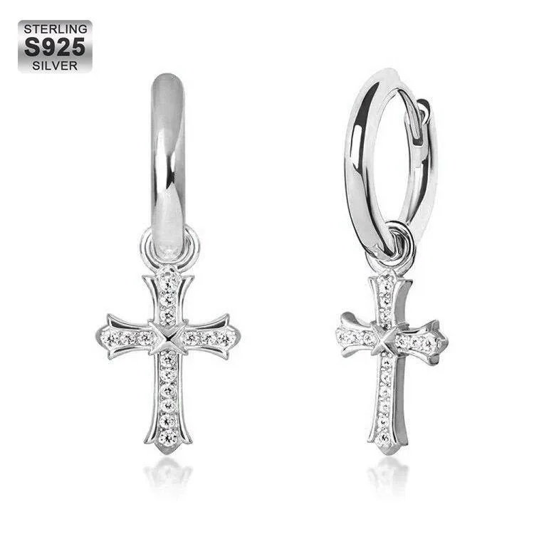 14K Gold/White Gold Diamond Dangle Cross Mens Earrings (15mm) KRKC