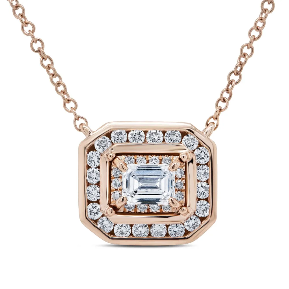 14K Rose Gold Diamond Pendant Necklace, East to West Emerald Cut with Double Halo