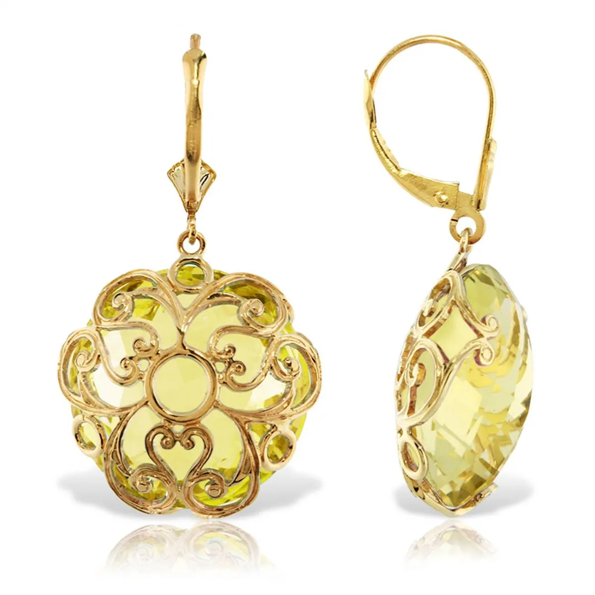 14K Solid Yellow Gold Leverback Round Quartz Lemon Earrings