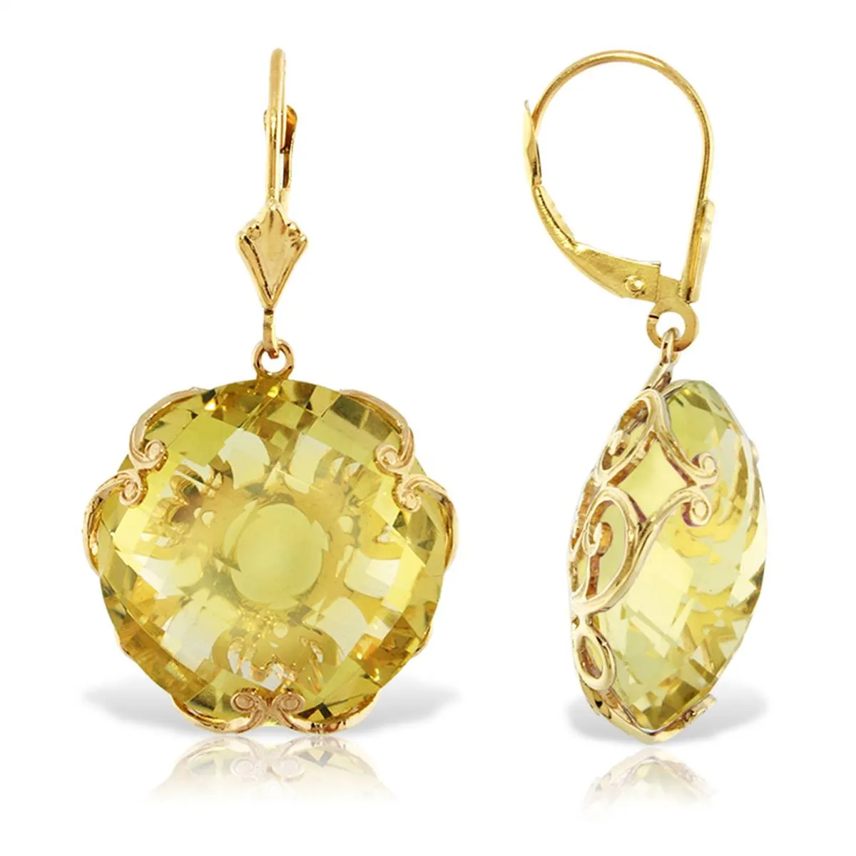 14K Solid Yellow Gold Leverback Round Quartz Lemon Earrings