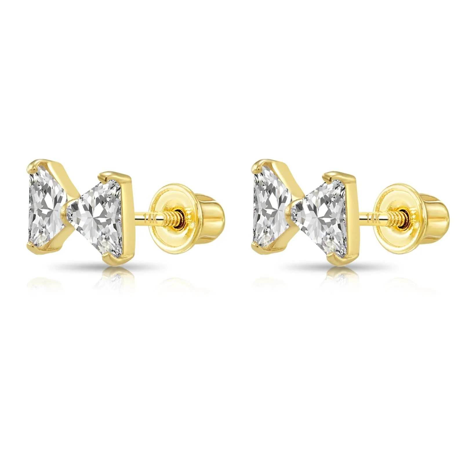 14k Solid Yellow Gold Triangle CZ Ribbon Bow Studs, With Screw on Screwbacks