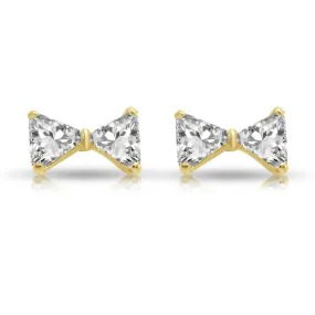 14k Solid Yellow Gold Triangle CZ Ribbon Bow Studs, With Screw on Screwbacks