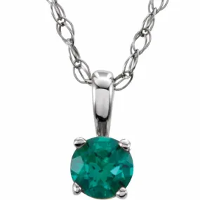 14K White 3 mm Imitation Emerald Youth Solitaire 14" Necklace