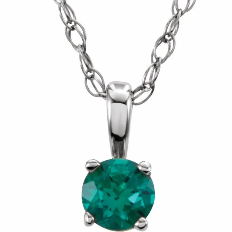 14K White 3 mm Imitation Emerald Youth Solitaire 14" Necklace