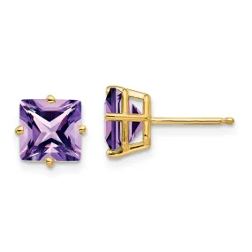 14k Yellow Gold 7MM Princess Cut Amethyst Earring