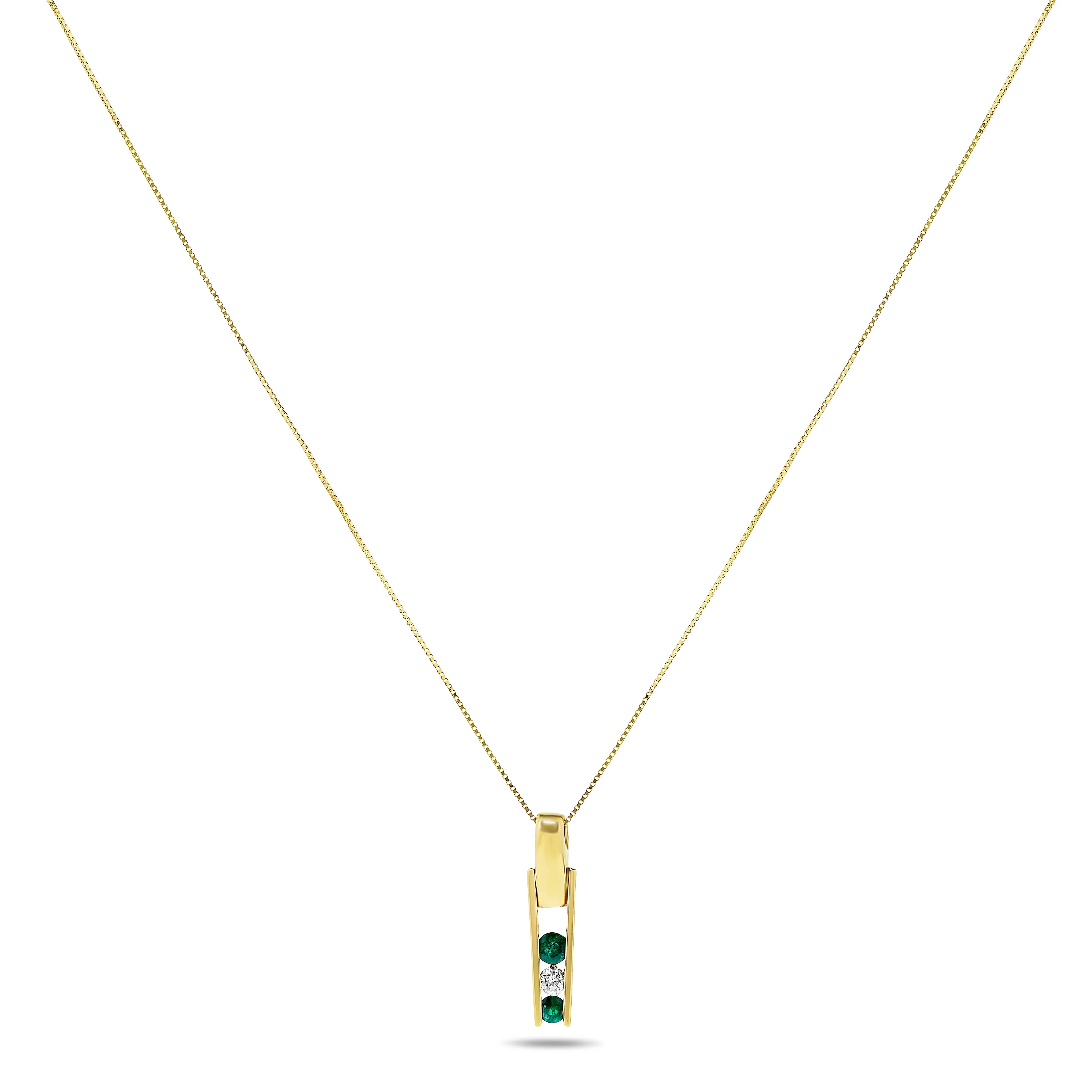 14k Yellow Gold Alternating Stone Green Emerald and Diamond Three Stone Pendnat Necklace