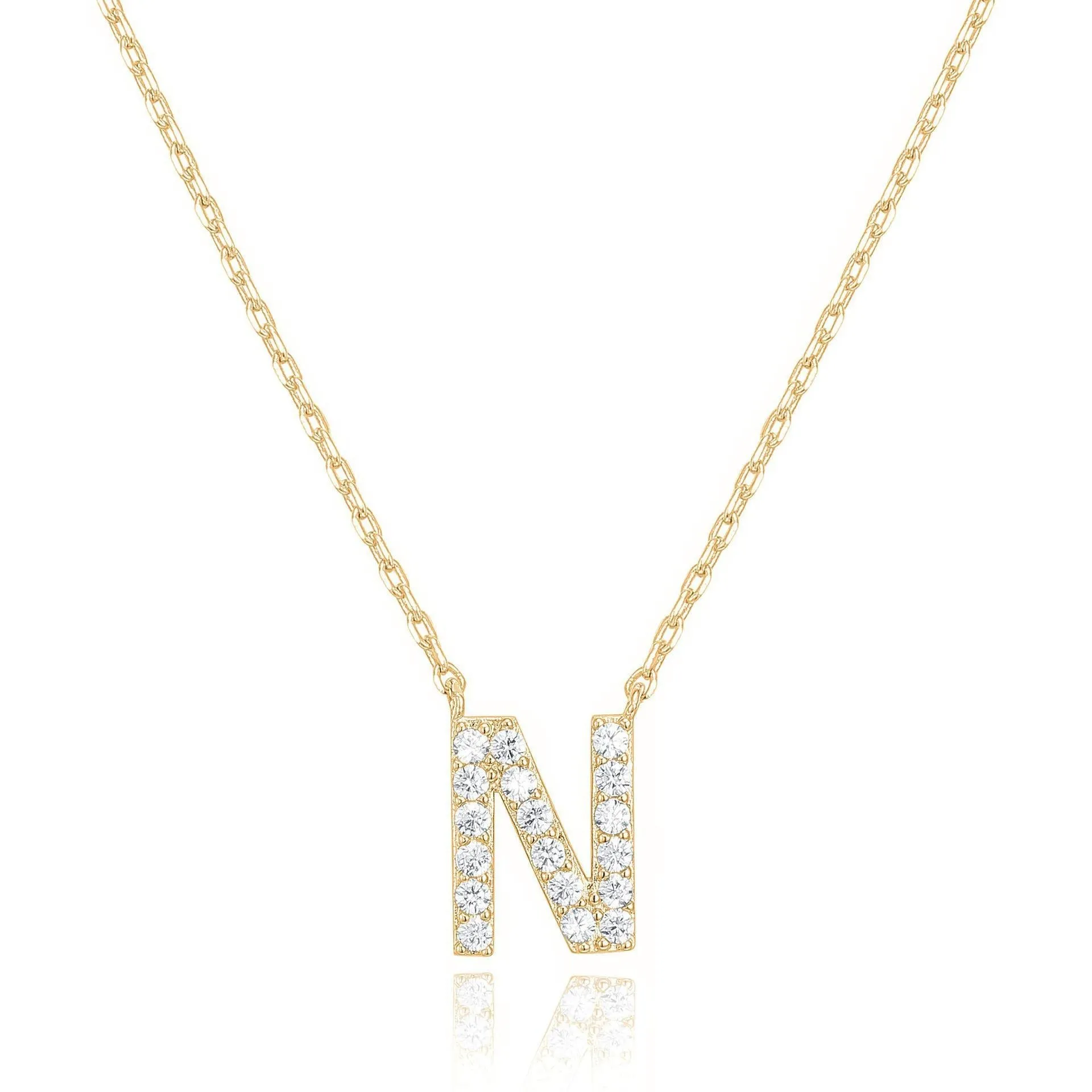 14k Yellow Gold Created Diamond Initial N Letter Pendant Necklace Plated