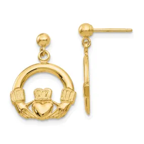 14k Yellow Gold Dangling Claddagh Post Earrings