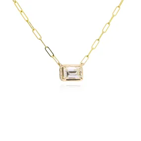 14K YELLOW GOLD EMERALD-CUT DIAMOND SOLITAIRE PENDANT NECKLACE WITH HALO - 0.84CTW