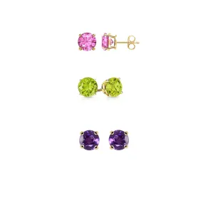 14k Yellow Gold Plated 3Ct Created Pink Sapphire, Peridot and Amethyst 3 Pair Round Stud Earrings