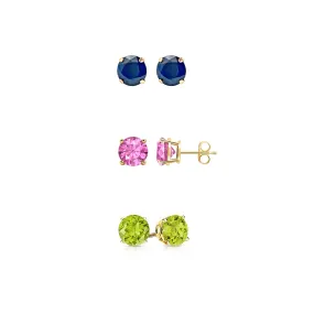 14k Yellow Gold Plated 4Ct Created Blue Sapphire, Pink Sapphire and Peridot 3 Pair Round Stud Earrings