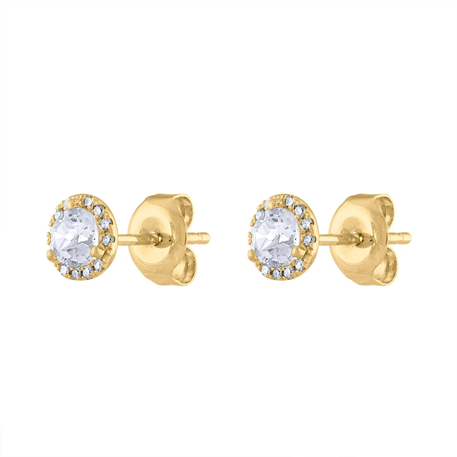 14KT GOLD SMALL DIAMOND AND WHITE QUARTZ MARTINI SET EARRING