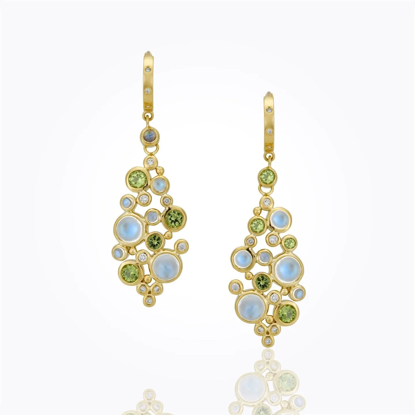 18K Cluster Drop Earring with royal blue moonstone, peridot, and diamond