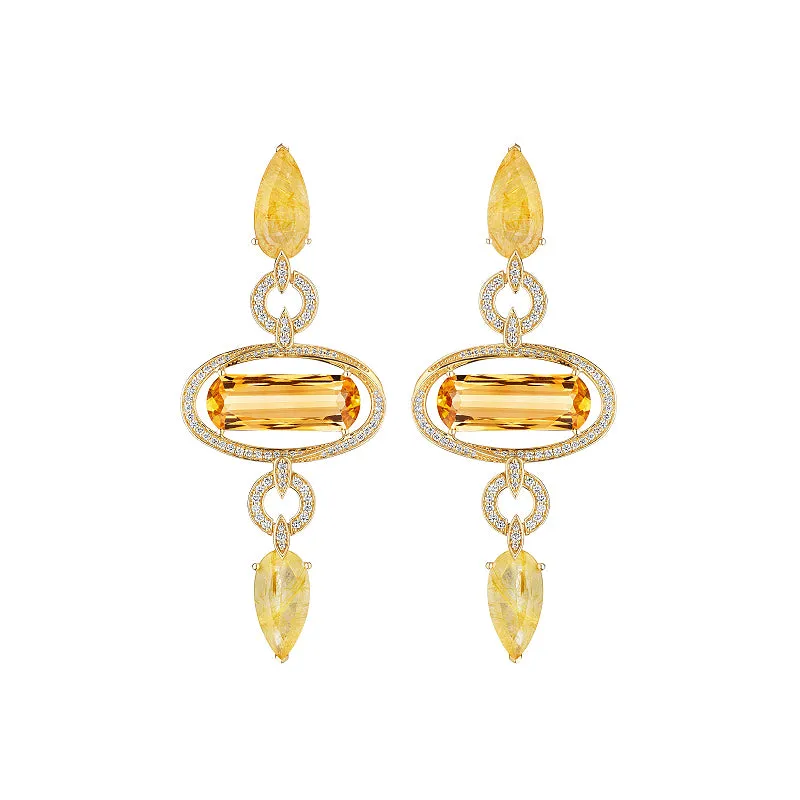 18k Onsa Yellow Gold Earring With 1.14 Cts Vs-Gh Diamonds  And Citrine And Rutilated Quartz