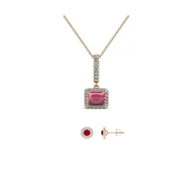 18K Rose Gold 2ct Halo Ruby Square 18 Inch Necklace and Halo Round Earrings Set Plated