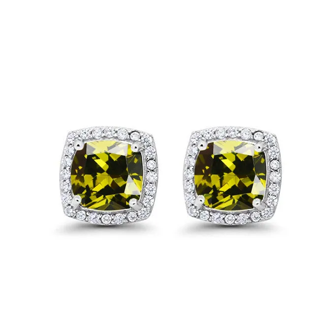 18k White Gold Plated 1 Ct Created Halo Princess Cut Peridot Stud Earrings