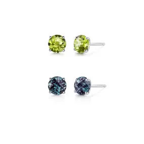 18k White Gold Plated 2Ct Created Peridot and Alexandrite 2 Pair Round Stud Earrings