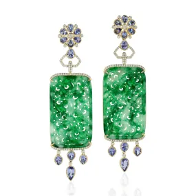 18k Yellow Gold Carving Jade Pear Tanzanite Prong Diamond Handmade Designer Earrings