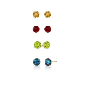 18k Yellow Gold Plated 2Ct Created Citrine, Garnet, Peridot and Alexandrite 4 Pair Round Stud Earrings