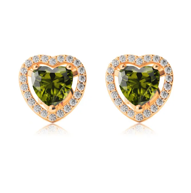 18k Yellow Gold Plated 4 Ct Created Halo Heart Peridot Stud Earrings