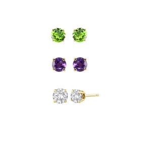 18k Yellow Gold Plated 4Ct Created Peridot, Amethyst and White Sapphire 3 Pair Round Stud Earrings