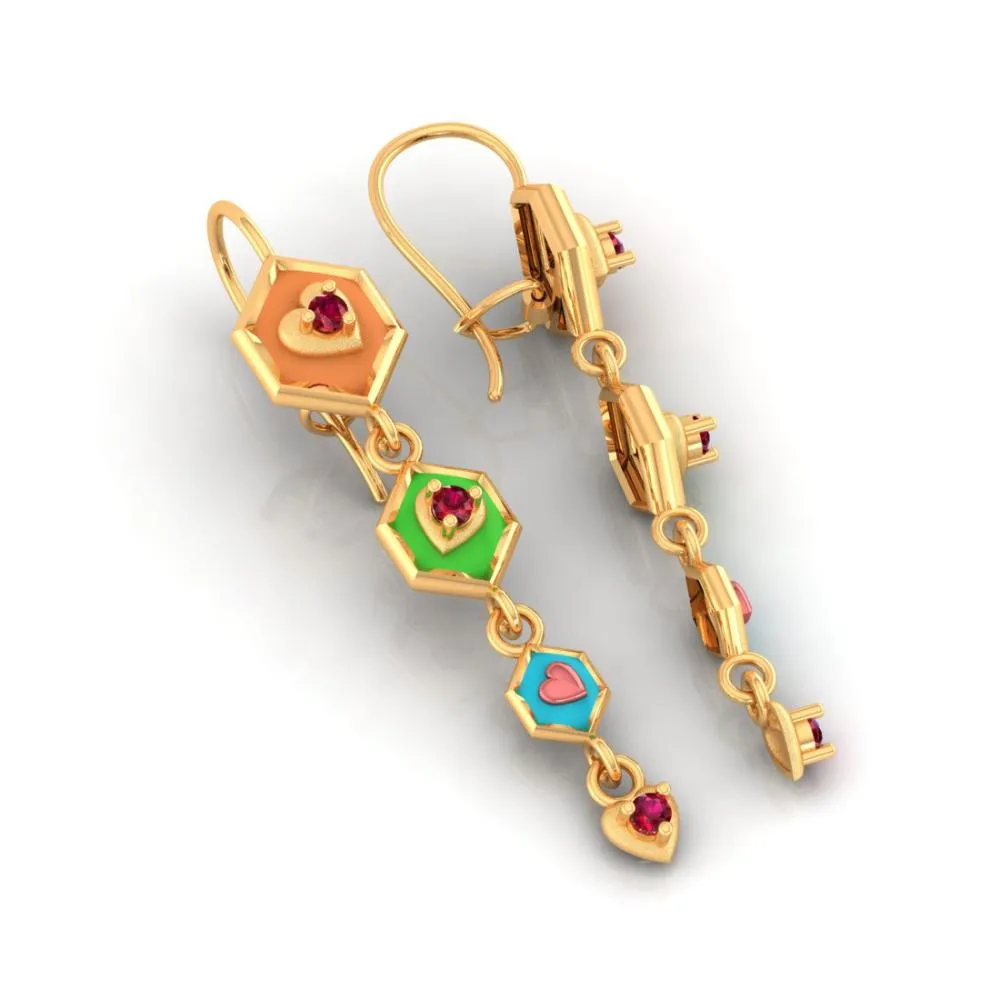 22k Gold Earrings With Hexagonal Shapes And A Heart Drop