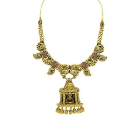 22K Yellow Gold Antique Temple Necklace W/ Ruby, Emerald & Large Laxmi Pendant on Carved Chain