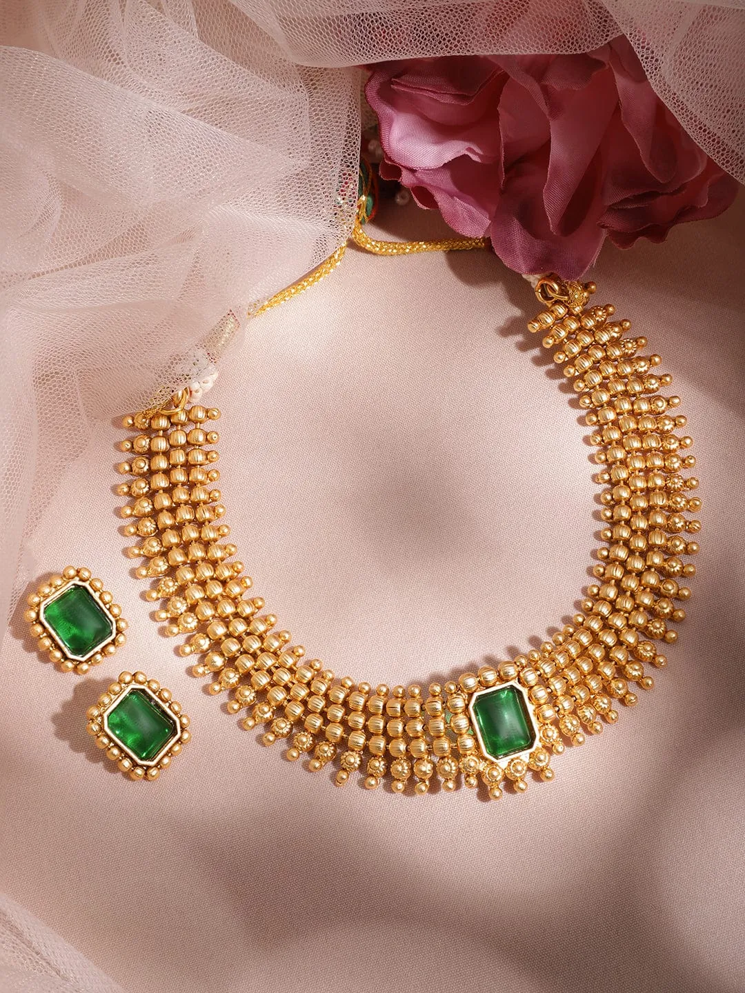 22KT Gold Plated Brass Emerald Stone Studded Intricate Necklace With Earrings Set