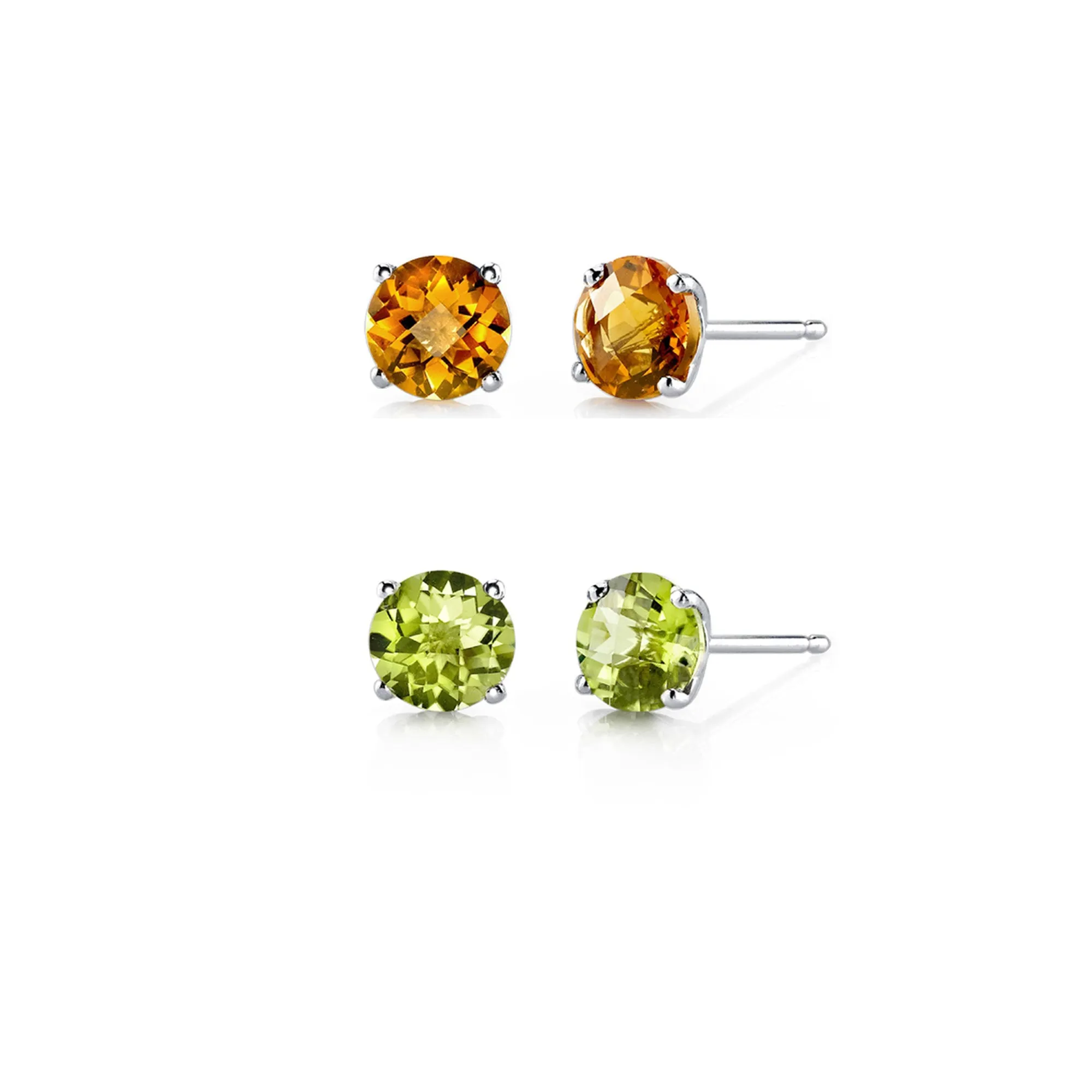 24k White Gold Plated 4Ct Created Citrine and Peridot 2 Pair Round Stud Earrings