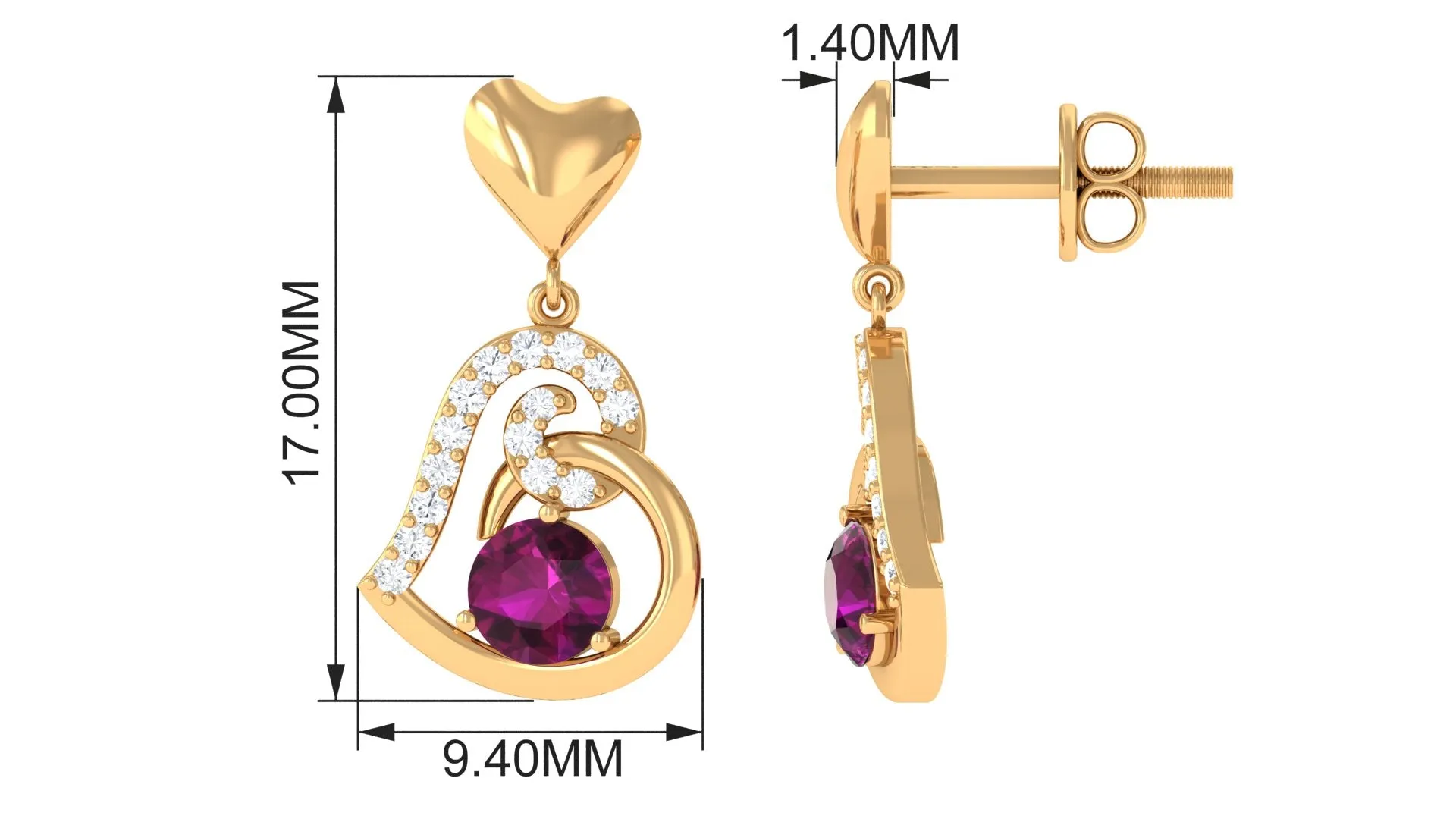 3/4 CT Rhodolite and Diamond Heart Drop Earrings with Accent