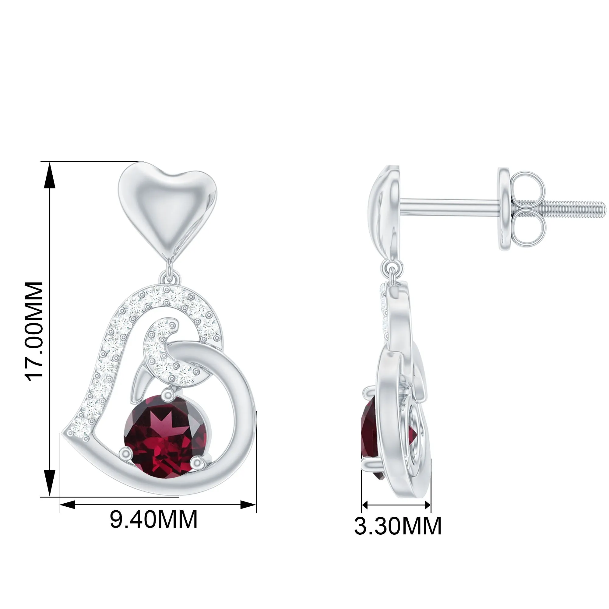 3/4 CT Rhodolite and Diamond Heart Drop Earrings with Accent