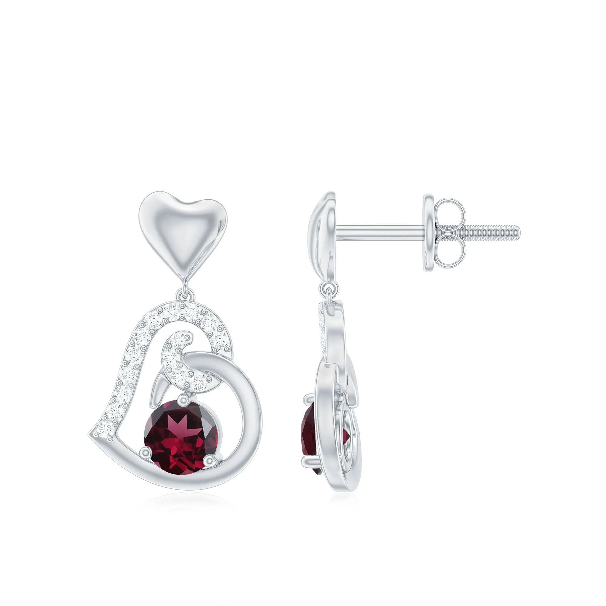 3/4 CT Rhodolite and Diamond Heart Drop Earrings with Accent