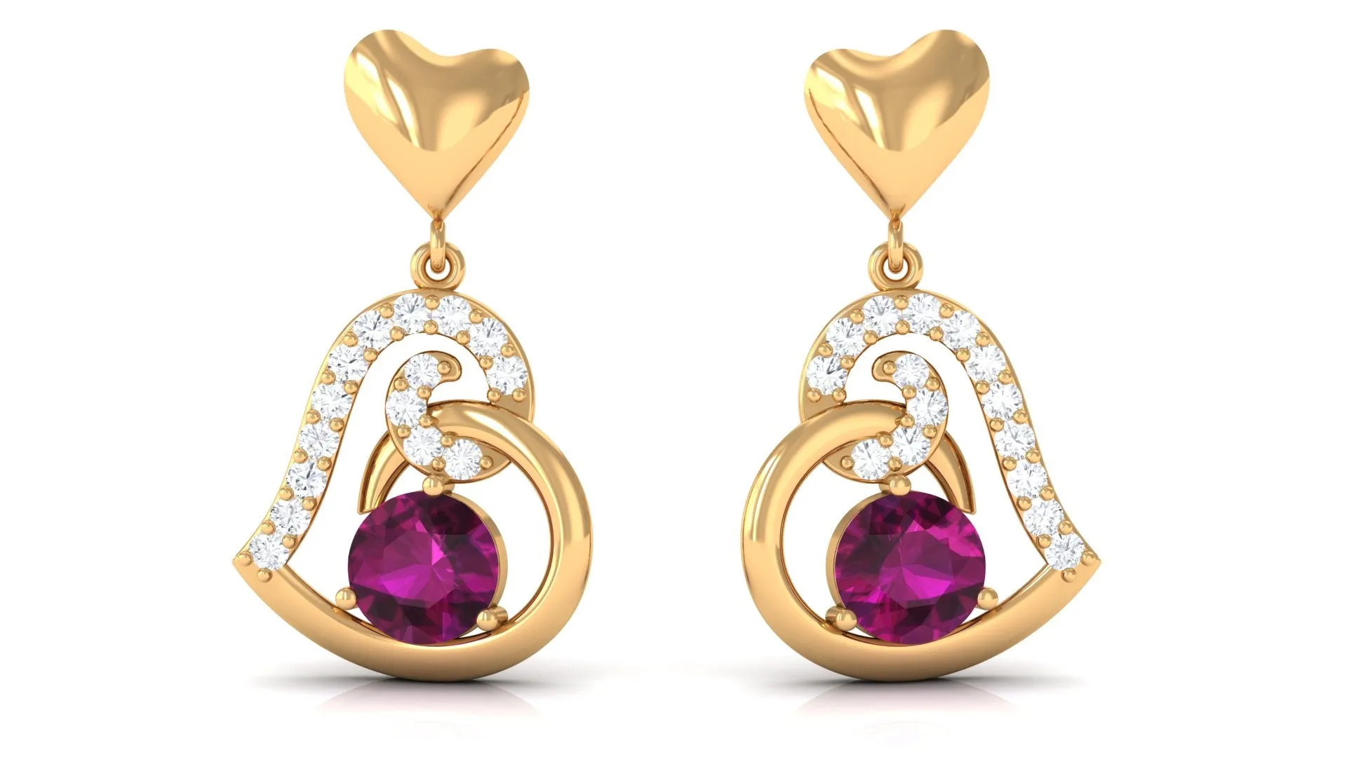 3/4 CT Rhodolite and Diamond Heart Drop Earrings with Accent