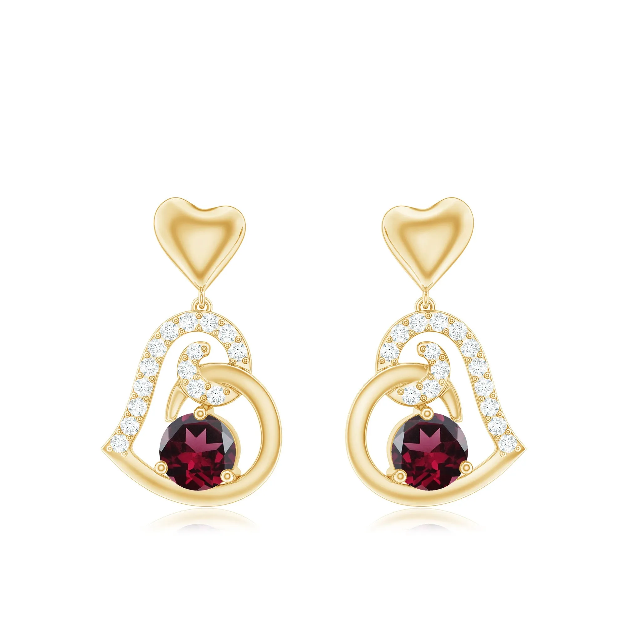 3/4 CT Rhodolite and Diamond Heart Drop Earrings with Accent