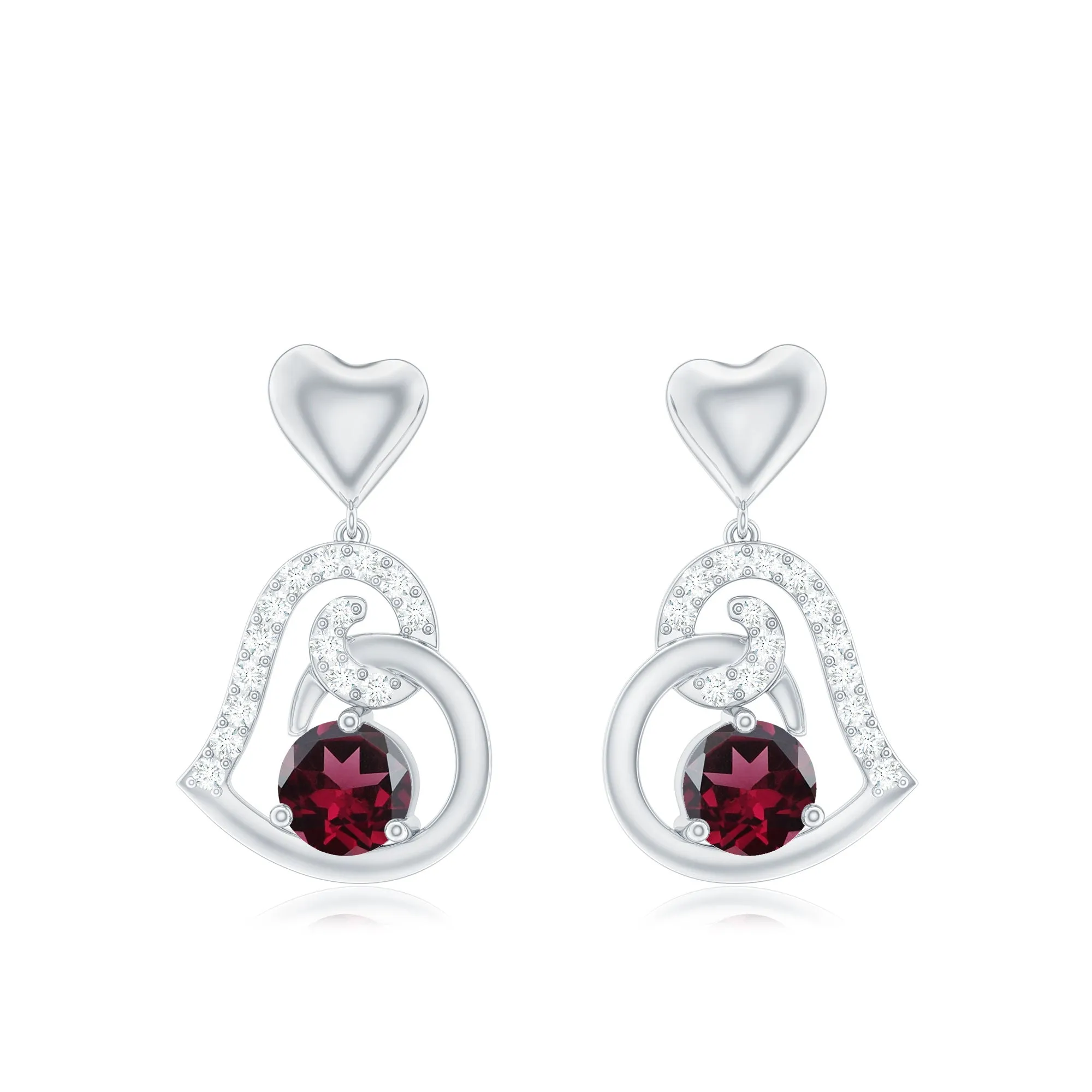 3/4 CT Rhodolite and Diamond Heart Drop Earrings with Accent