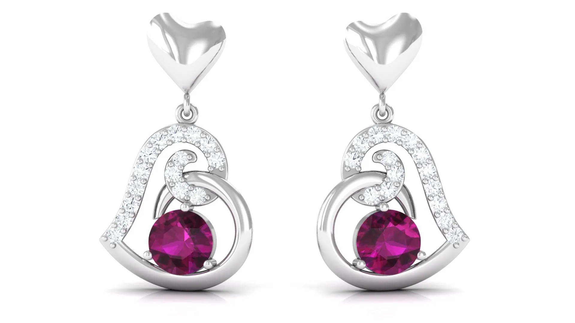 3/4 CT Rhodolite and Diamond Heart Drop Earrings with Accent