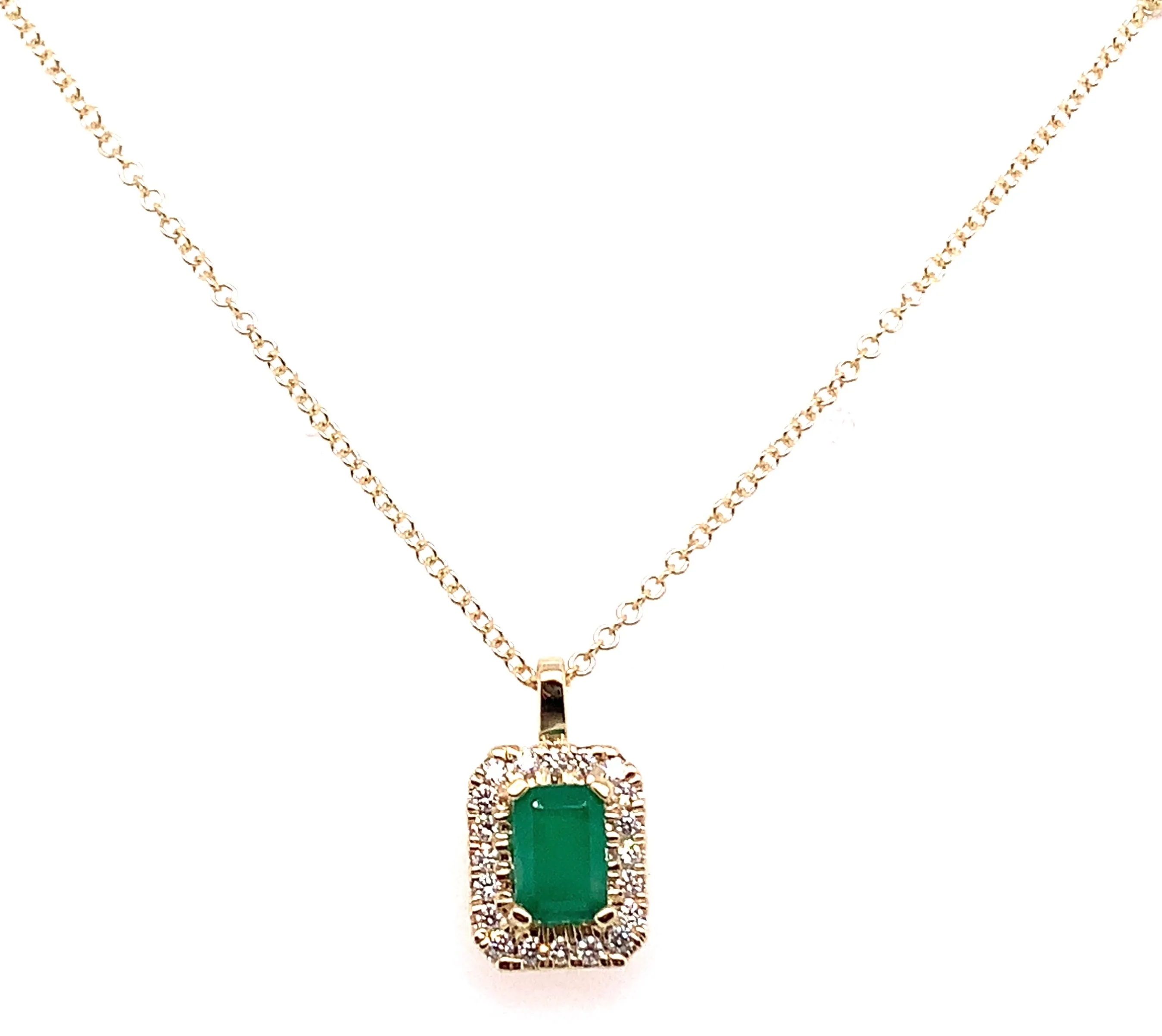 9ct Yellow Gold 0.60ct Emerald And 0.15ct Diamond Halo Necklace