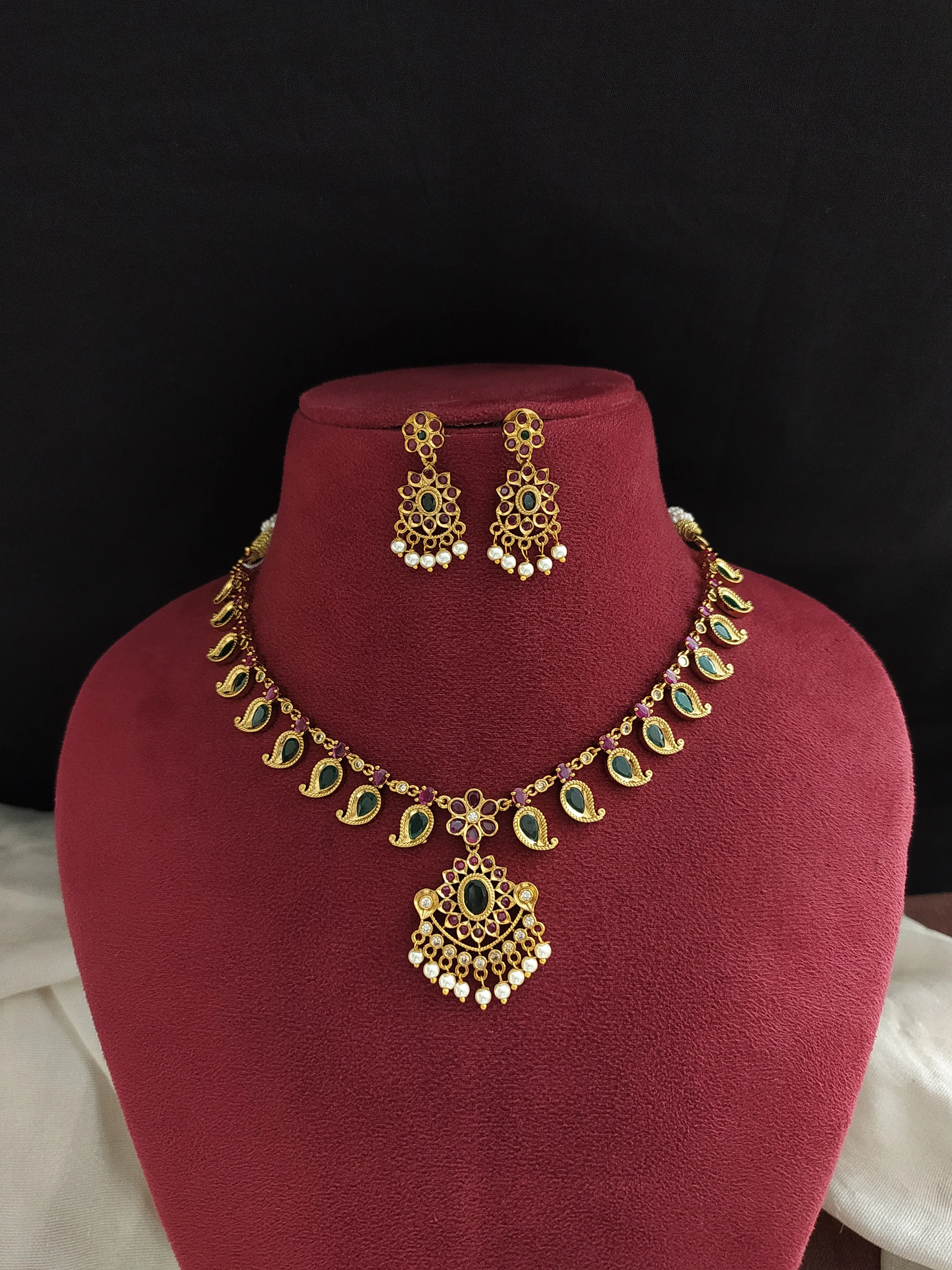 Antique Festive Palakka Necklace Set with Matching Earrings