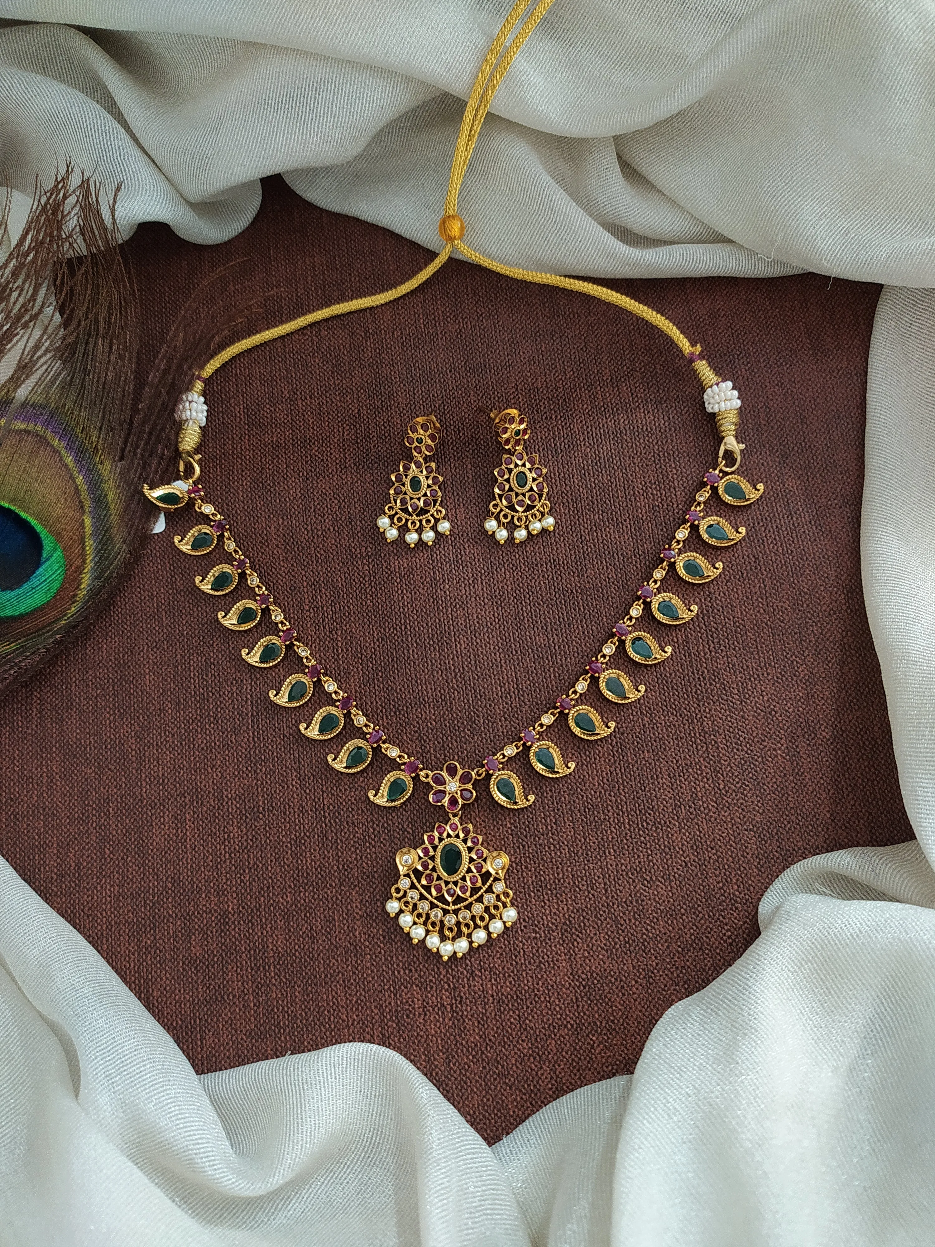 Antique Festive Palakka Necklace Set with Matching Earrings