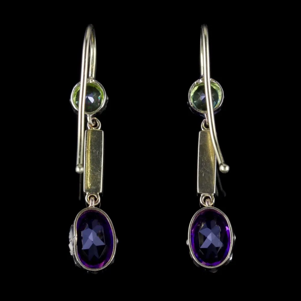 Antique Victorian Suffragette Earrings 15Ct Gold Amethyst Peridot Pearls