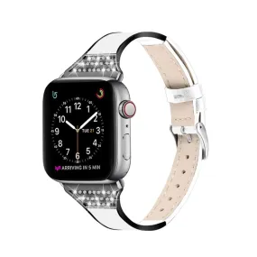 Apple Watch (45mm) rhinestone décor genuine leather watch strap - White