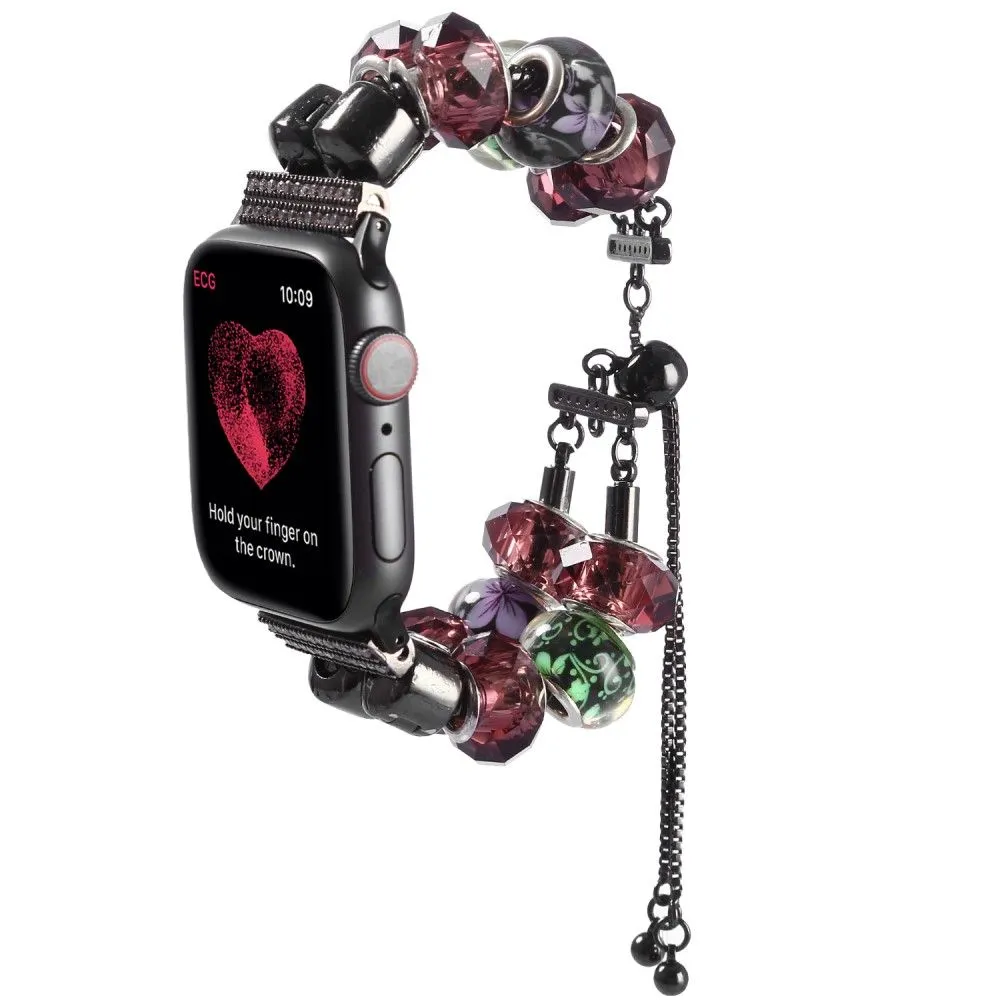 Apple Watch (45mm) stylish bead loop watch strap - Pink / Purple Flower