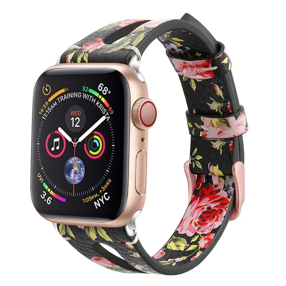 Apple Watch (45mm) top layer cowhide genuine leather watch strap - Pink Flower